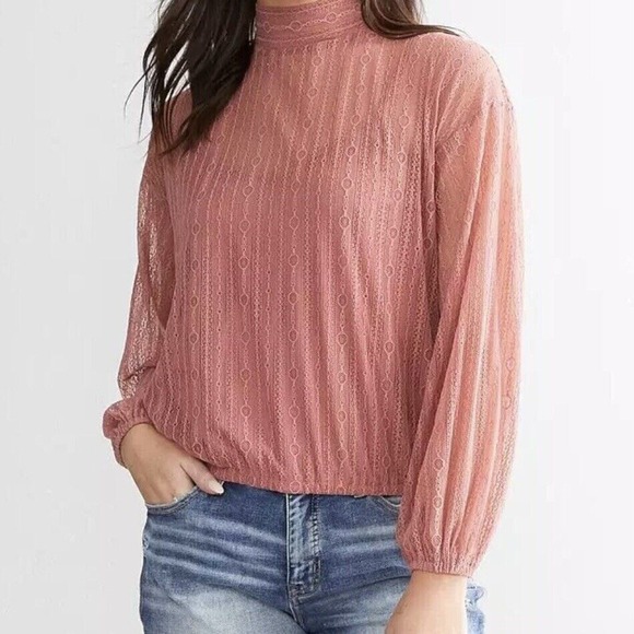 Red By BKE Lace Mock Neck Top Womens M. Sheer Elegant Coquette Clubwear Youthful - Picture 1 of 15